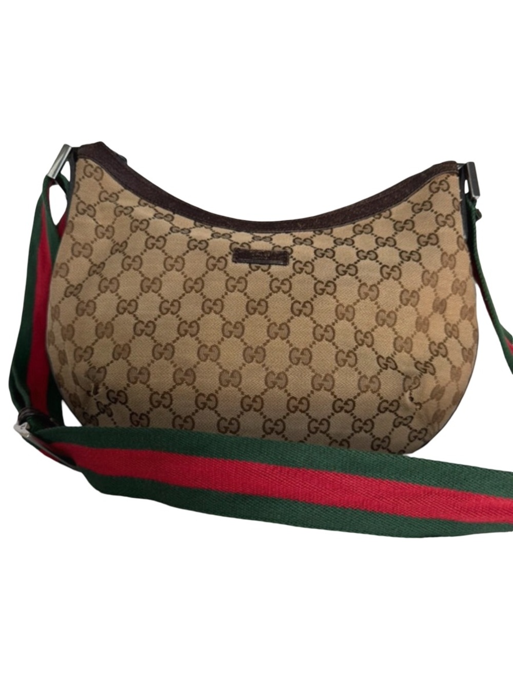 🔥 Authentic Gucci Beige GG Canvas Hobo Bag with Green-Red Web strap half moon - Picture 3 of 16